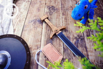 Wooden Viking Toy Sword with Leather Scabbard – Handmade, Personalised Toy - A