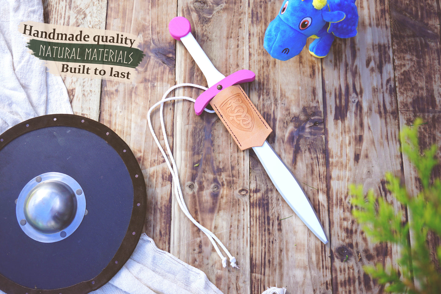 Pink Wooden Toy Sword with Leather Scabbard: Handmade, Personalised Gift