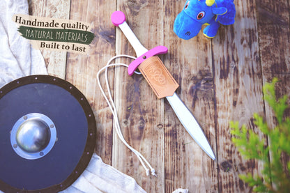 Pink Wooden Toy Sword with Leather Scabbard: Handmade, Personalised Gift