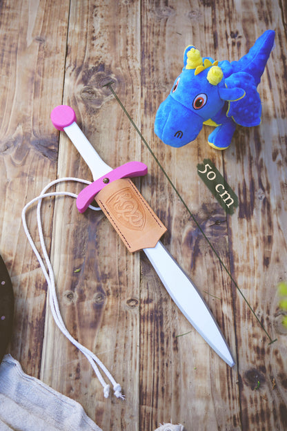 Pink Wooden Toy Sword with Leather Scabbard: Handmade, Personalised Gift