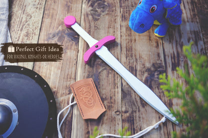 Pink Wooden Toy Sword with Leather Scabbard: Handmade, Personalised Gift