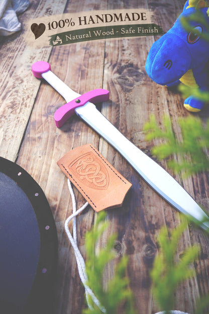 Pink Wooden Toy Sword with Leather Scabbard: Handmade, Personalised Gift