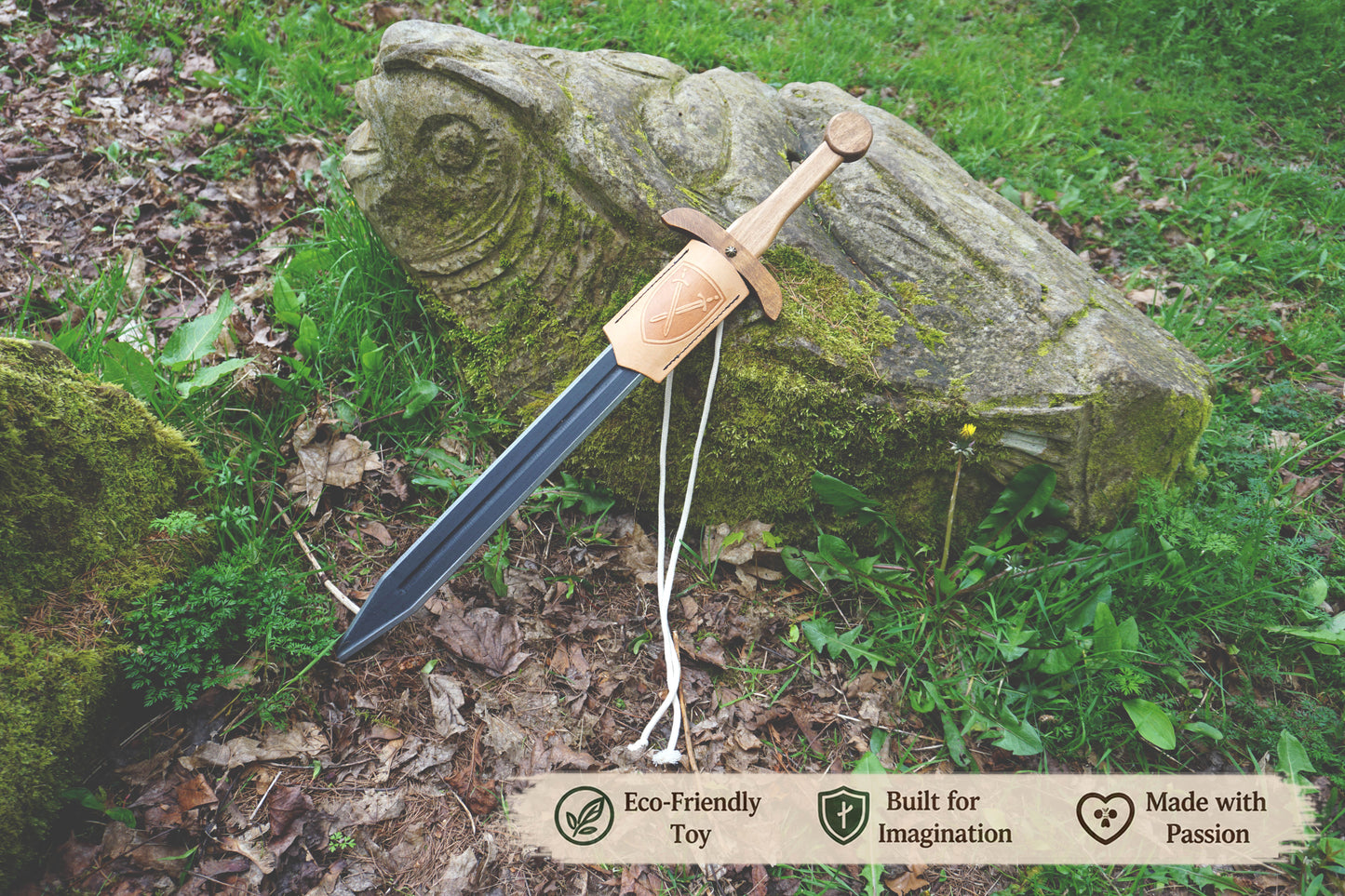 Personalised Wooden Sword for Kids – Handmade Medieval Knight Costume Toy with Leather Scabbard