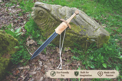 Personalised Wooden Sword for Kids – Handmade Medieval Knight Costume Toy with Leather Scabbard