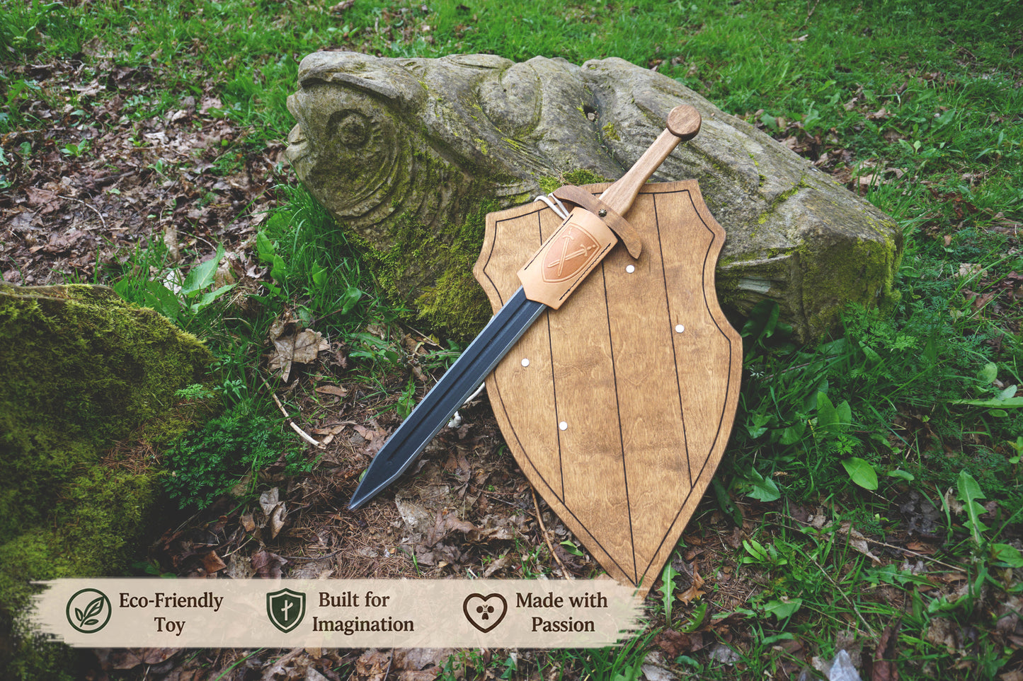 Wooden Toy Sword with Knight Shield and Scabbard - Personalised, handmade gift