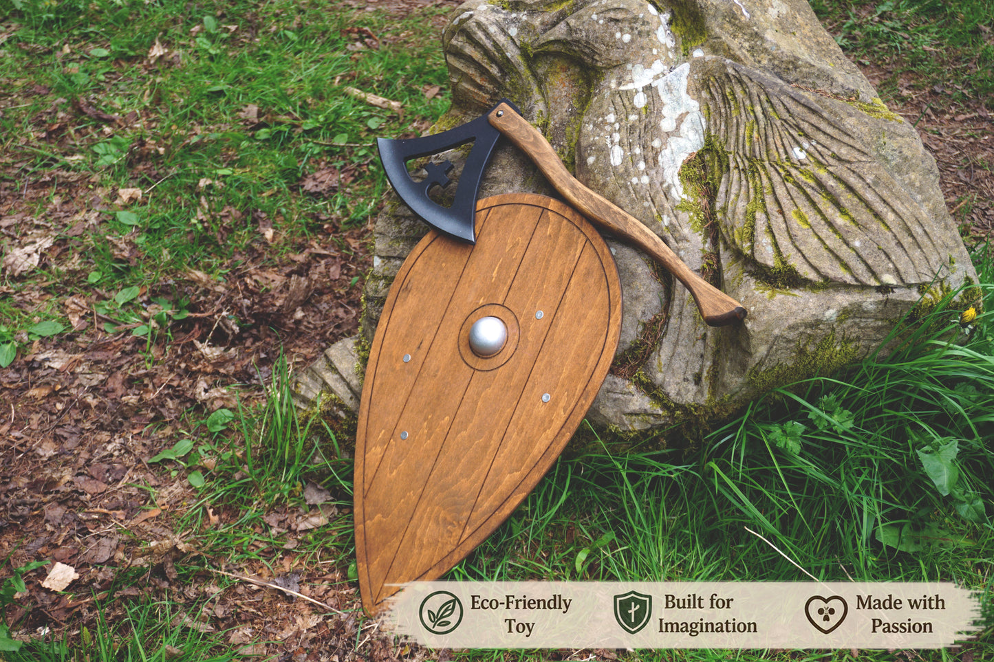 Wooden Viking Axe and Almond Shield - Gotland - Handmade Personalised Toy