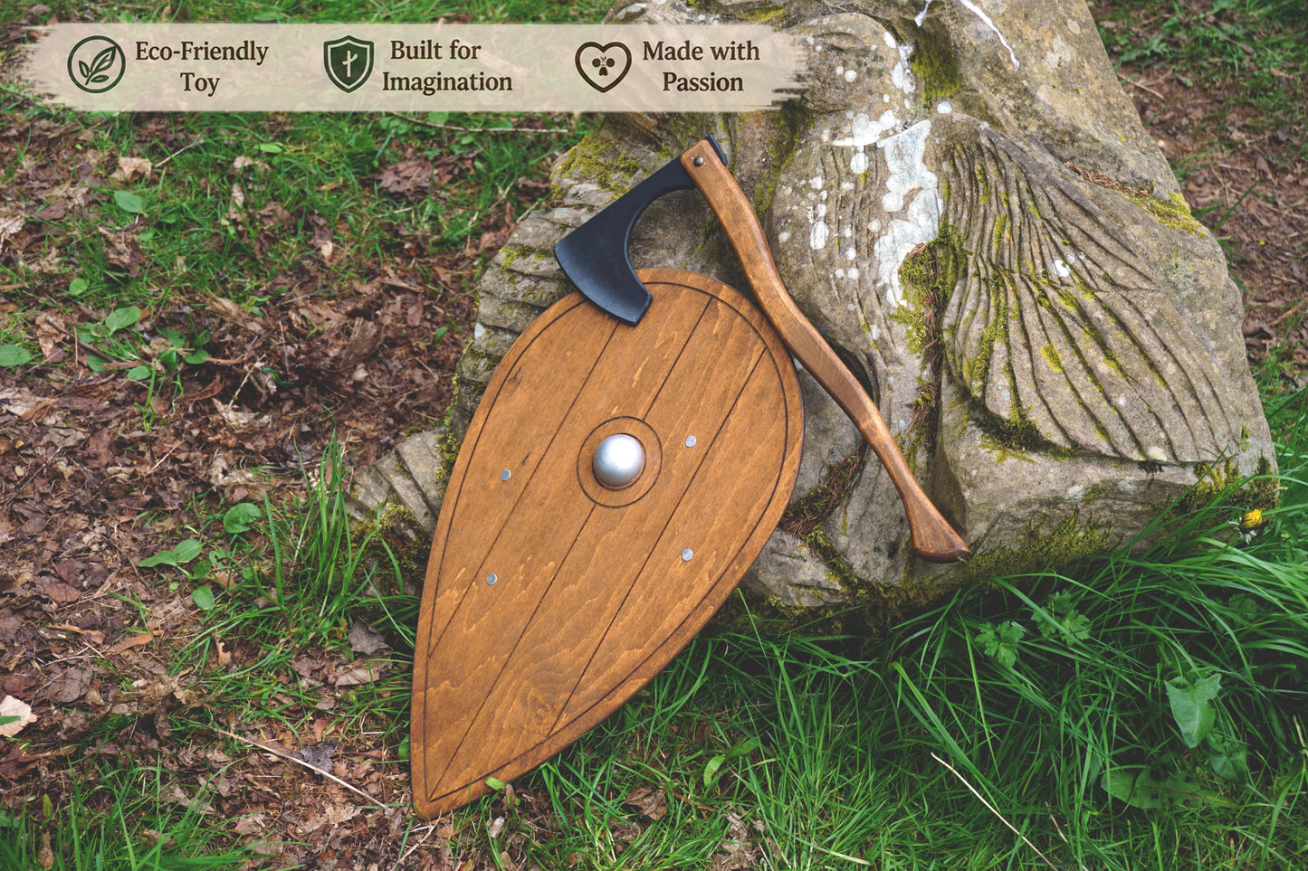 Wooden Viking Axe and Almond Shield - Handmade Personalised Toy
