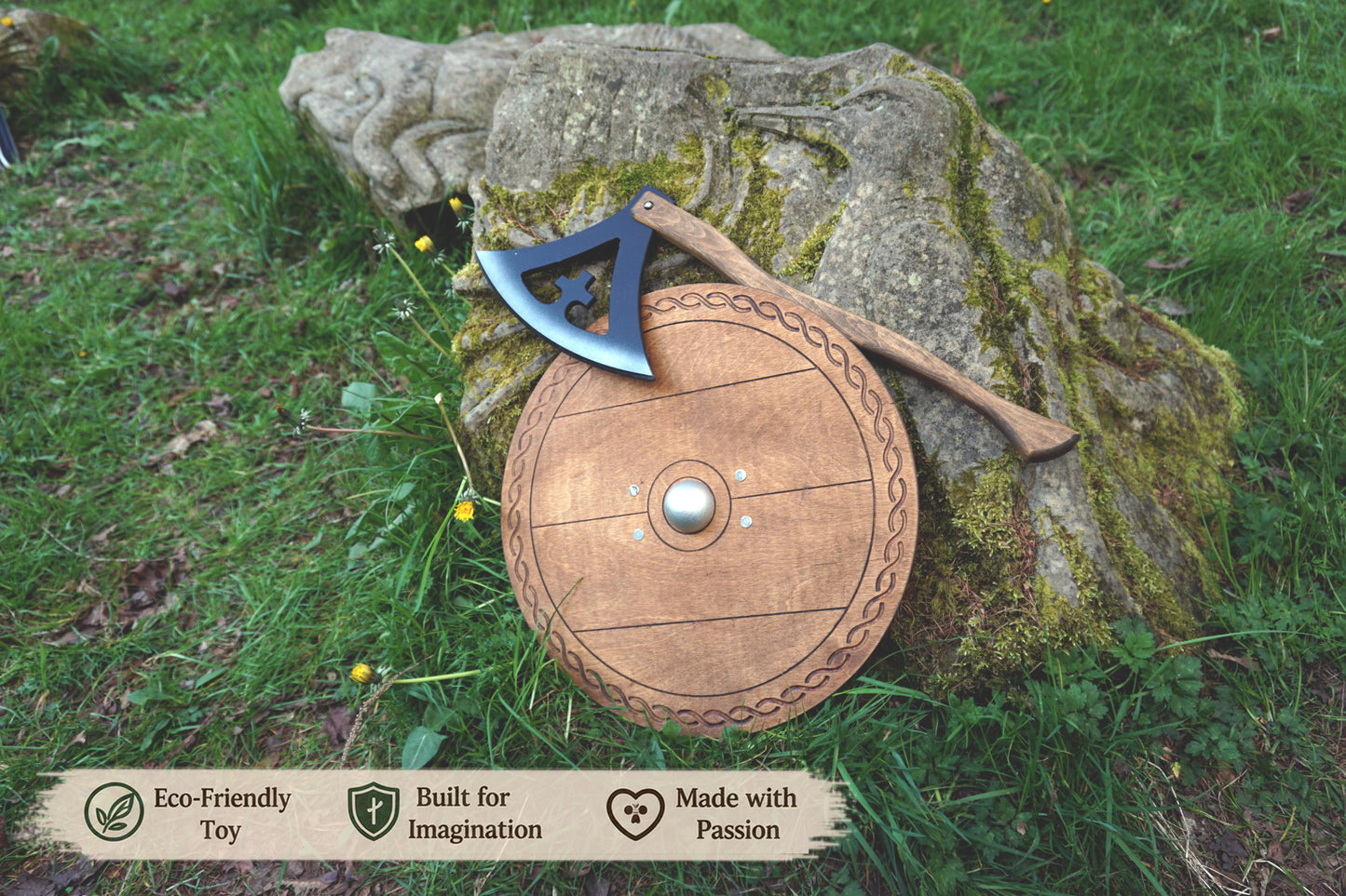 Wooden Viking Axe and Round Shield - Gotland - Handmade Personalised Toy