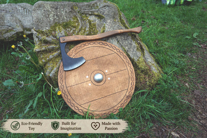 Wooden Viking Axe and Round Shield - Handmade Personalised Toy