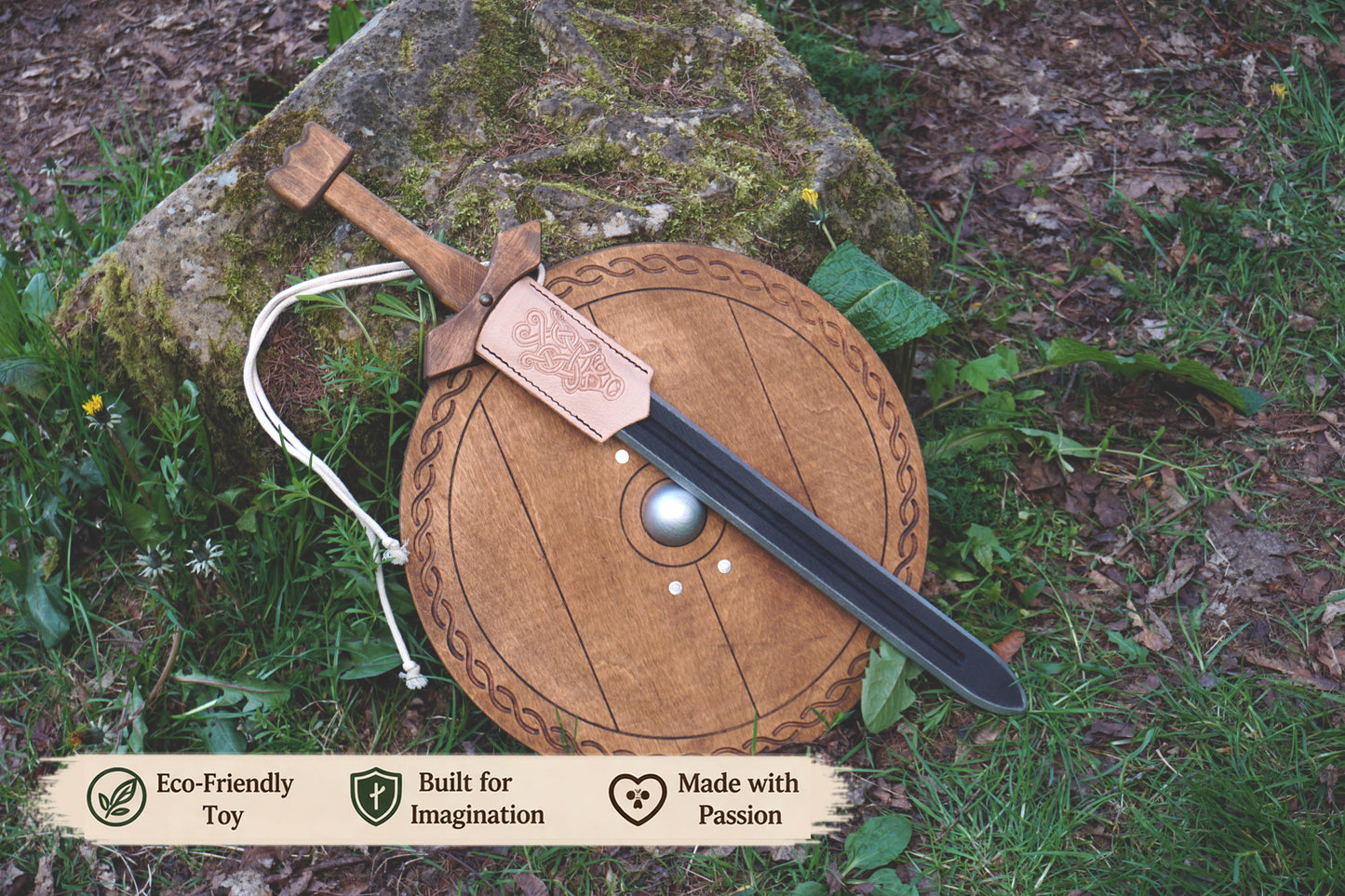 Wooden Toy Viking Sword and Round Shield Set: Handmade Personalised Gift - A