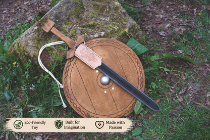 Wooden Toy Viking Sword and Round Shield Set: Handmade Personalised Gift - A