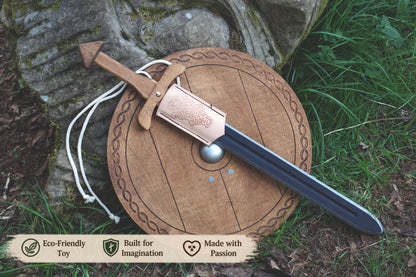 Wooden Toy Viking Sword and Round Shield Set: Handmade Personalised Gift - B