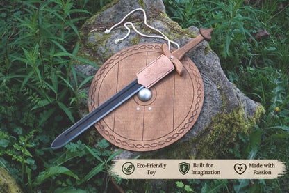 Wooden Toy Viking Sword and Round Shield Set: Handmade Personalised Gift - C
