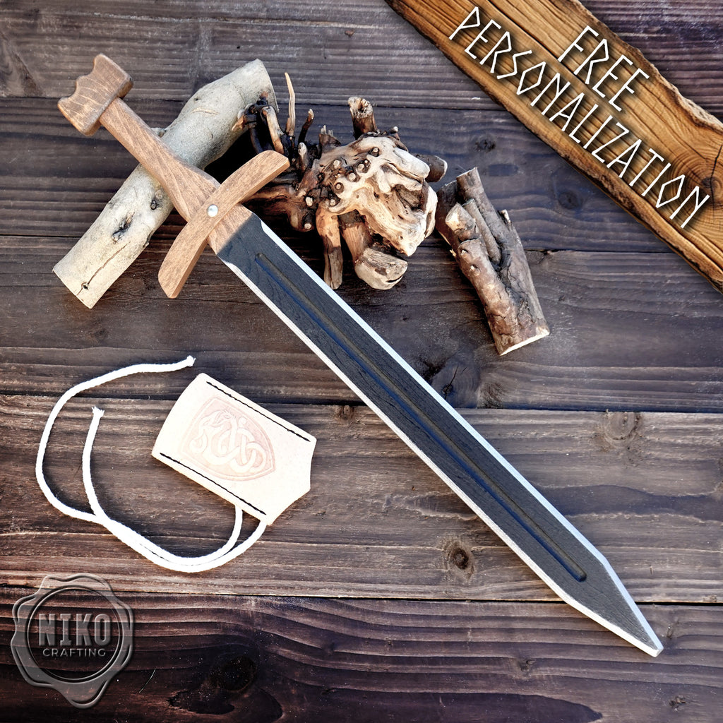 Wooden Viking Toy Sword with Leather Scabbard – Handmade, Personalised Toy - A