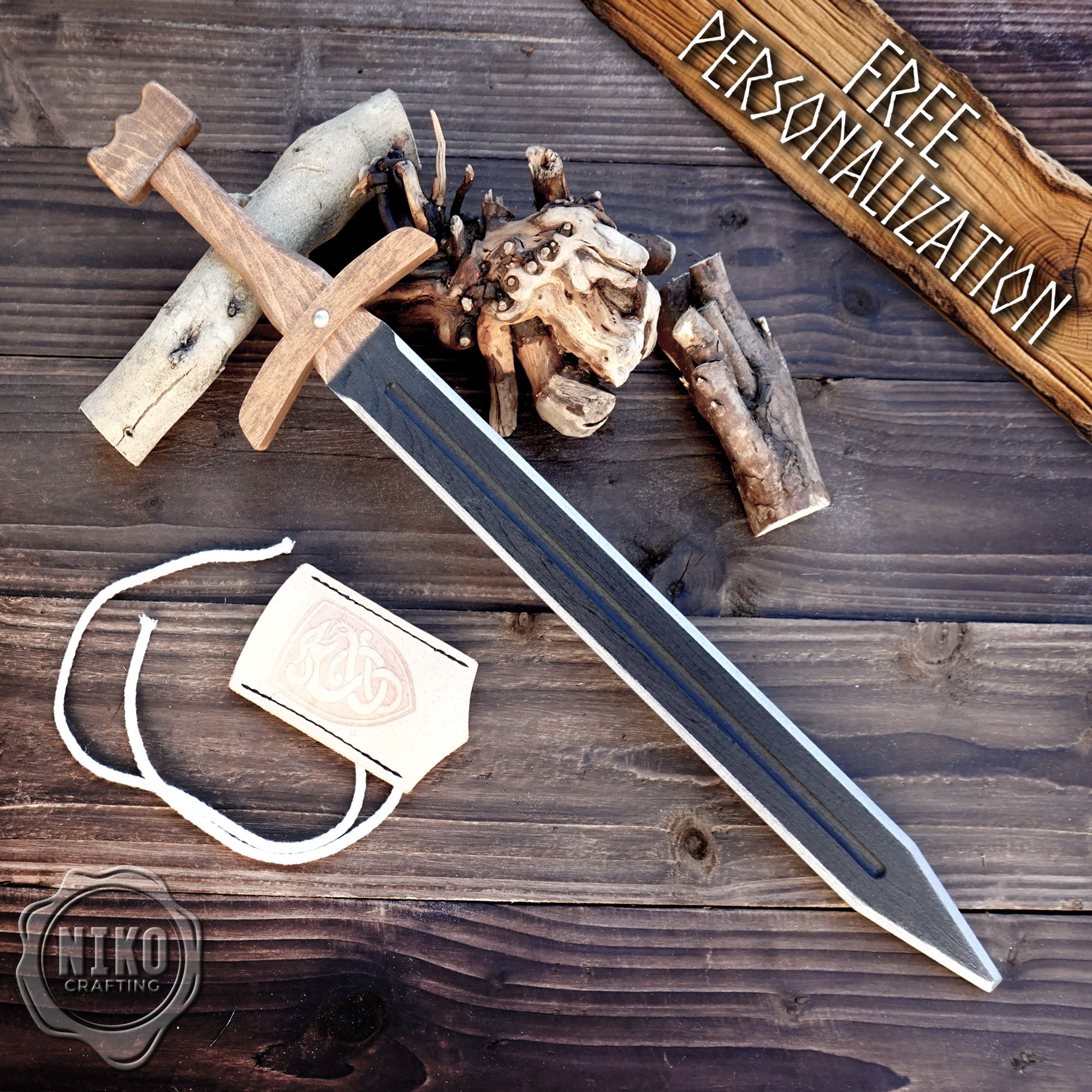 Wooden Viking Toy Sword with Leather Scabbard – Handmade, Personalised Toy - A