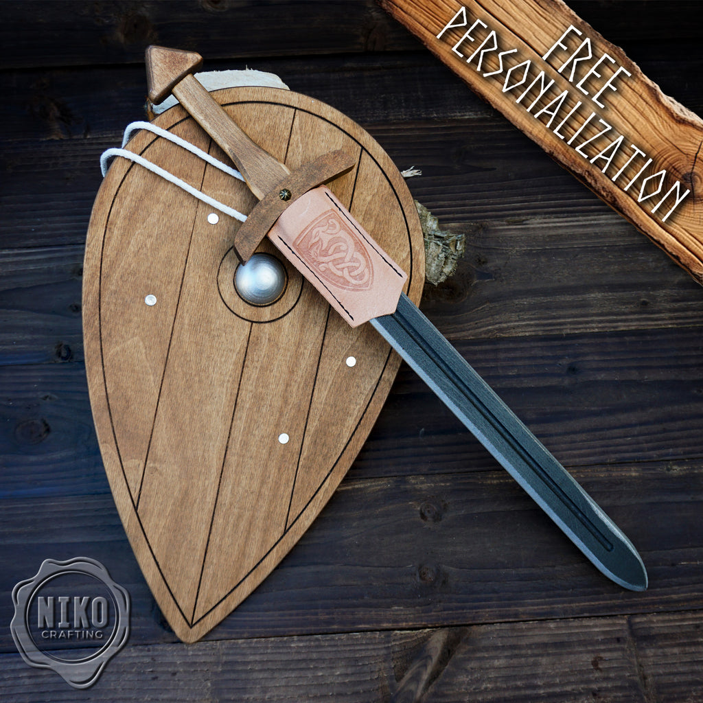 Wooden Viking Sword and Almond Shield - Handmade Personalised Toy - B