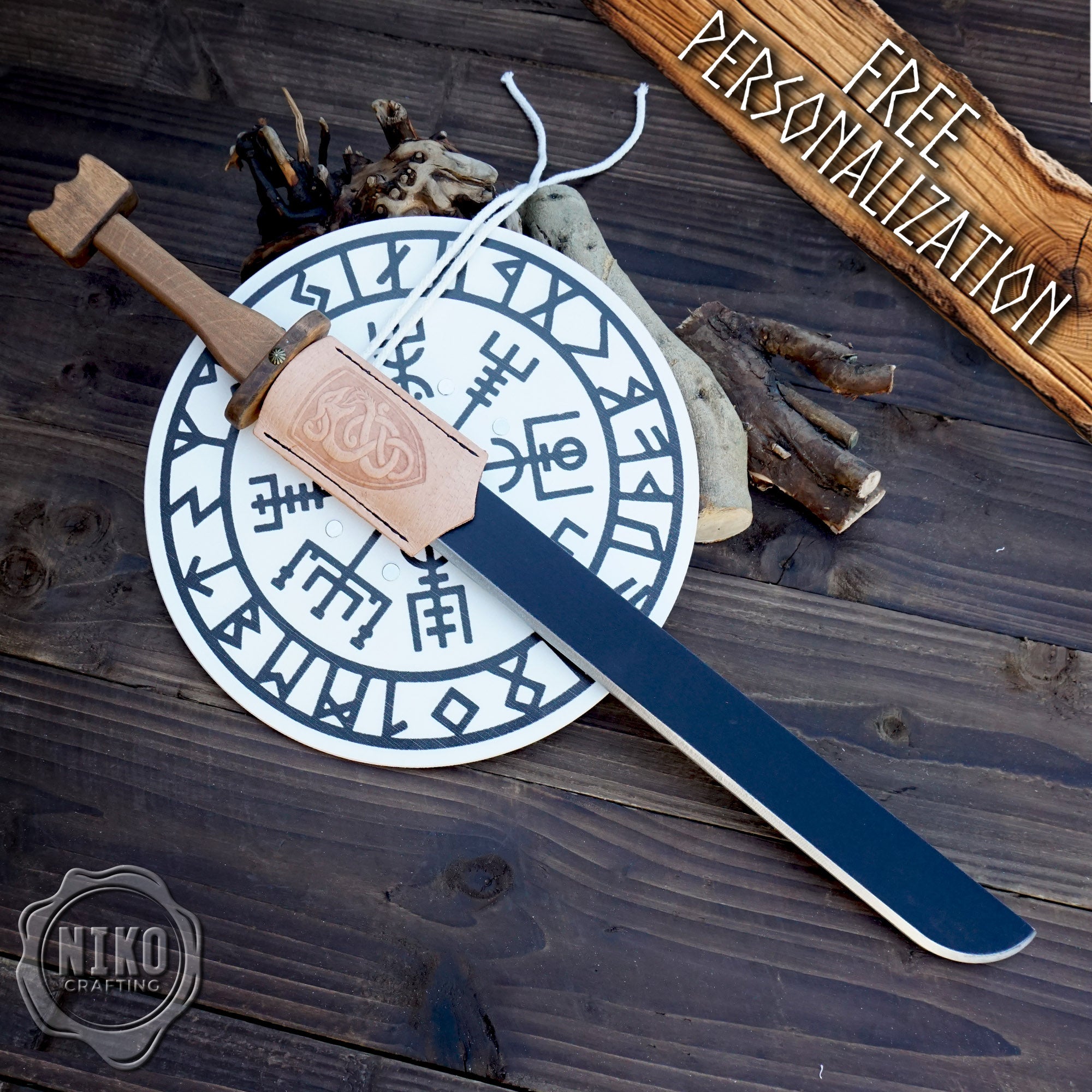Wooden Viking Toy Sword (langsax) and Shield Set (Vegvisir): Handmade Personalised gift
