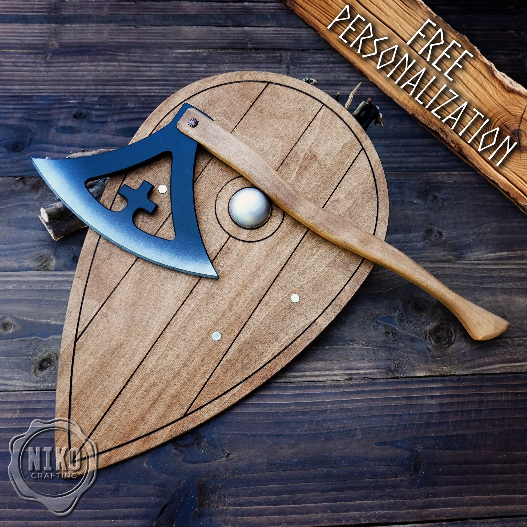 Wooden Viking Axe and Almond Shield - Gotland - Handmade Personalised Toy