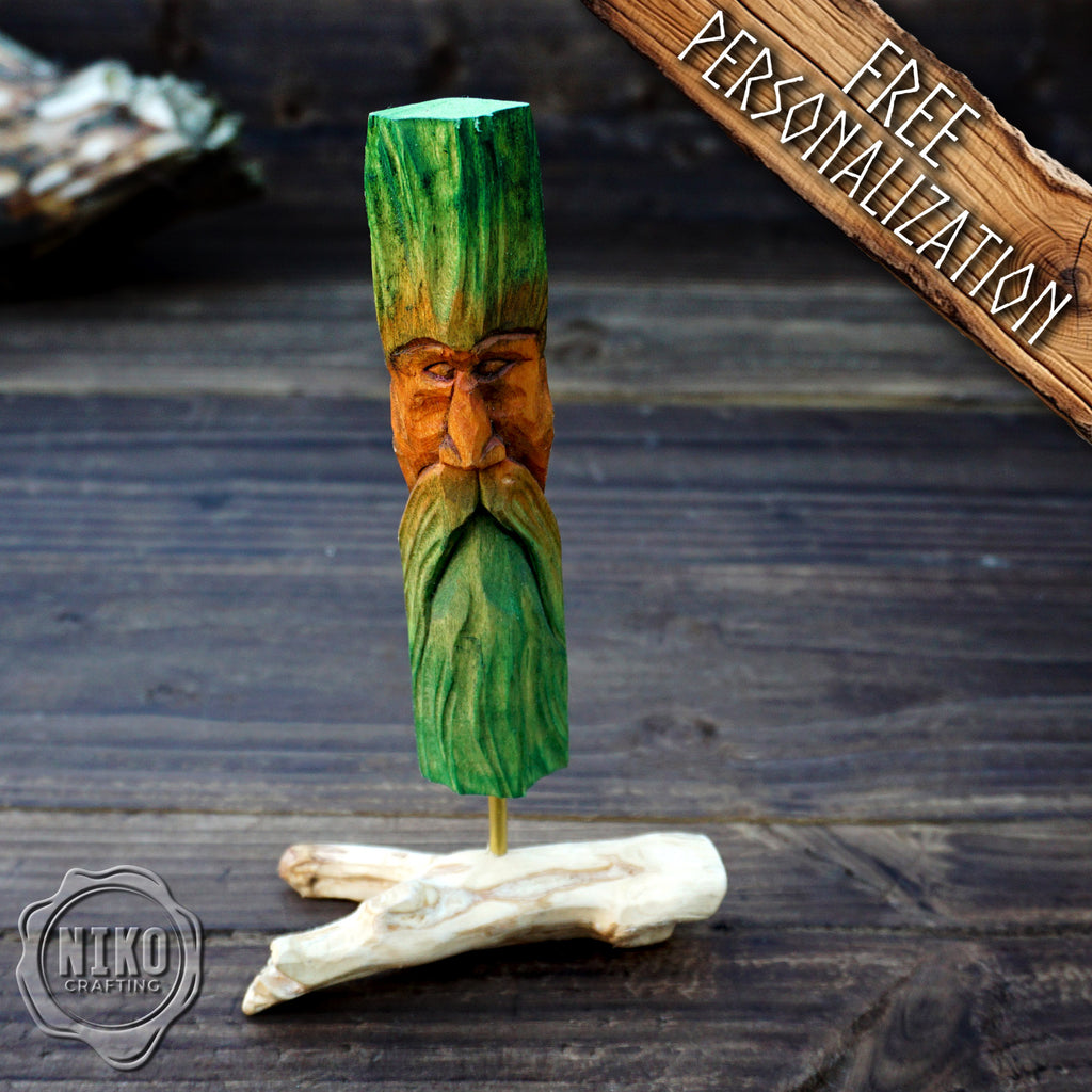 Hand Carved Wood Spirit - Whittled Standing Figurine. Personalised Green Man.