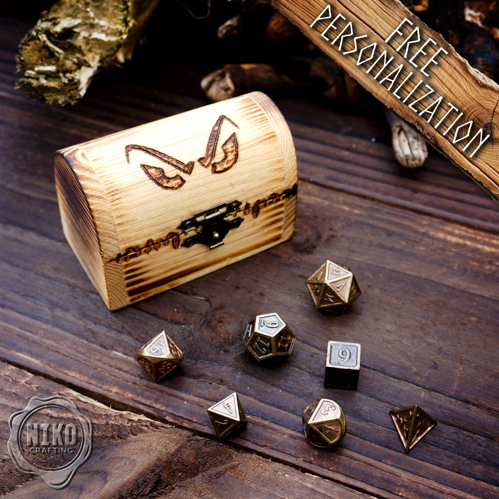 Metal Dice in Wooden Box - Pyrography: Evil Eyes - Hand-made, Personalized Dungeons and dragons Gift