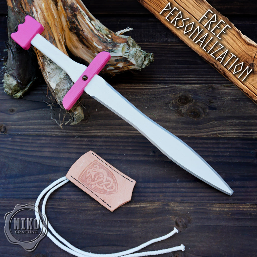 Pink Wooden Toy Sword with Leather Scabbard: Handmade, Personalised Gift