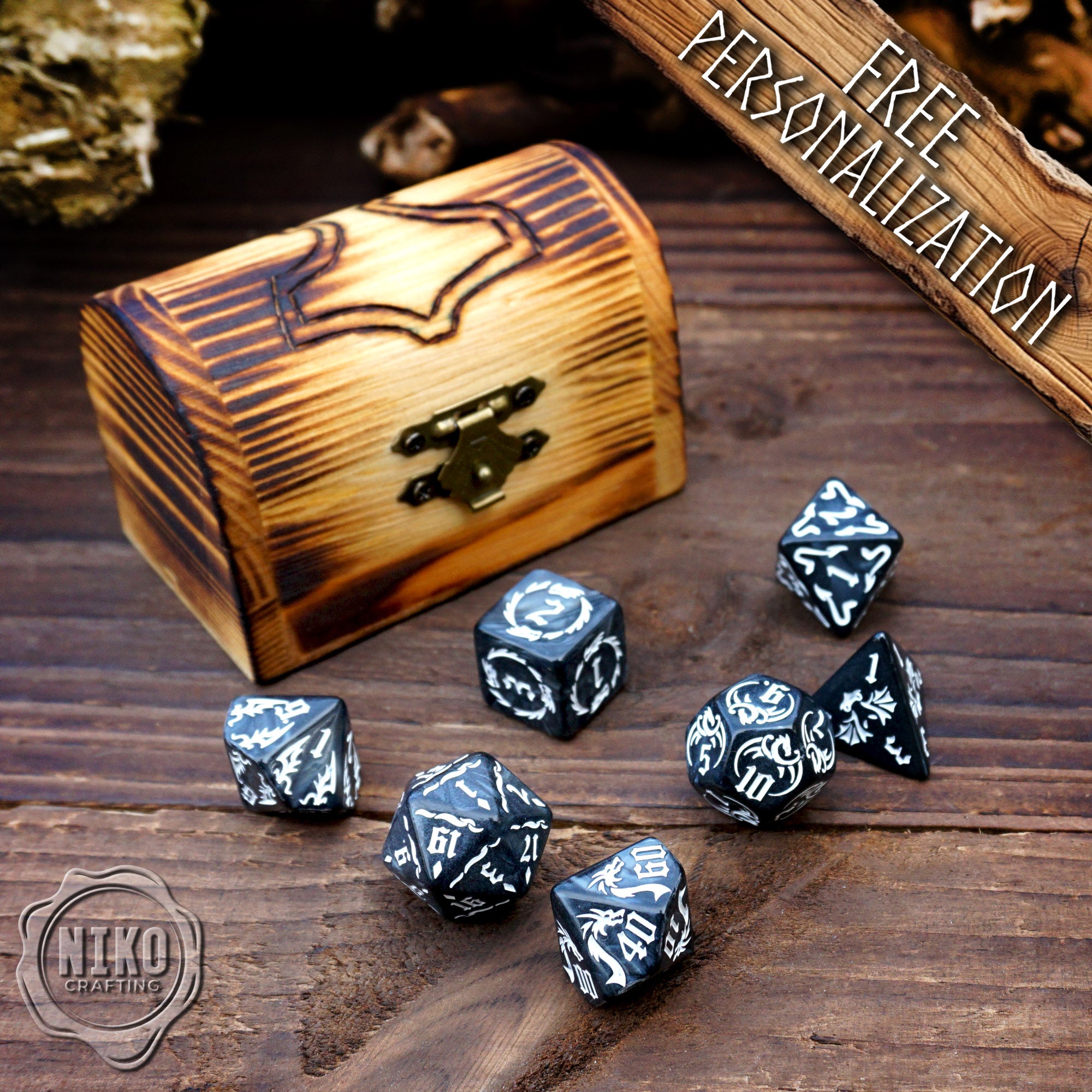 DnD Dice in Wooden Box - Pyrography: Thor Hammer - Hand-made, Personalized Dungeons and dragons Gift