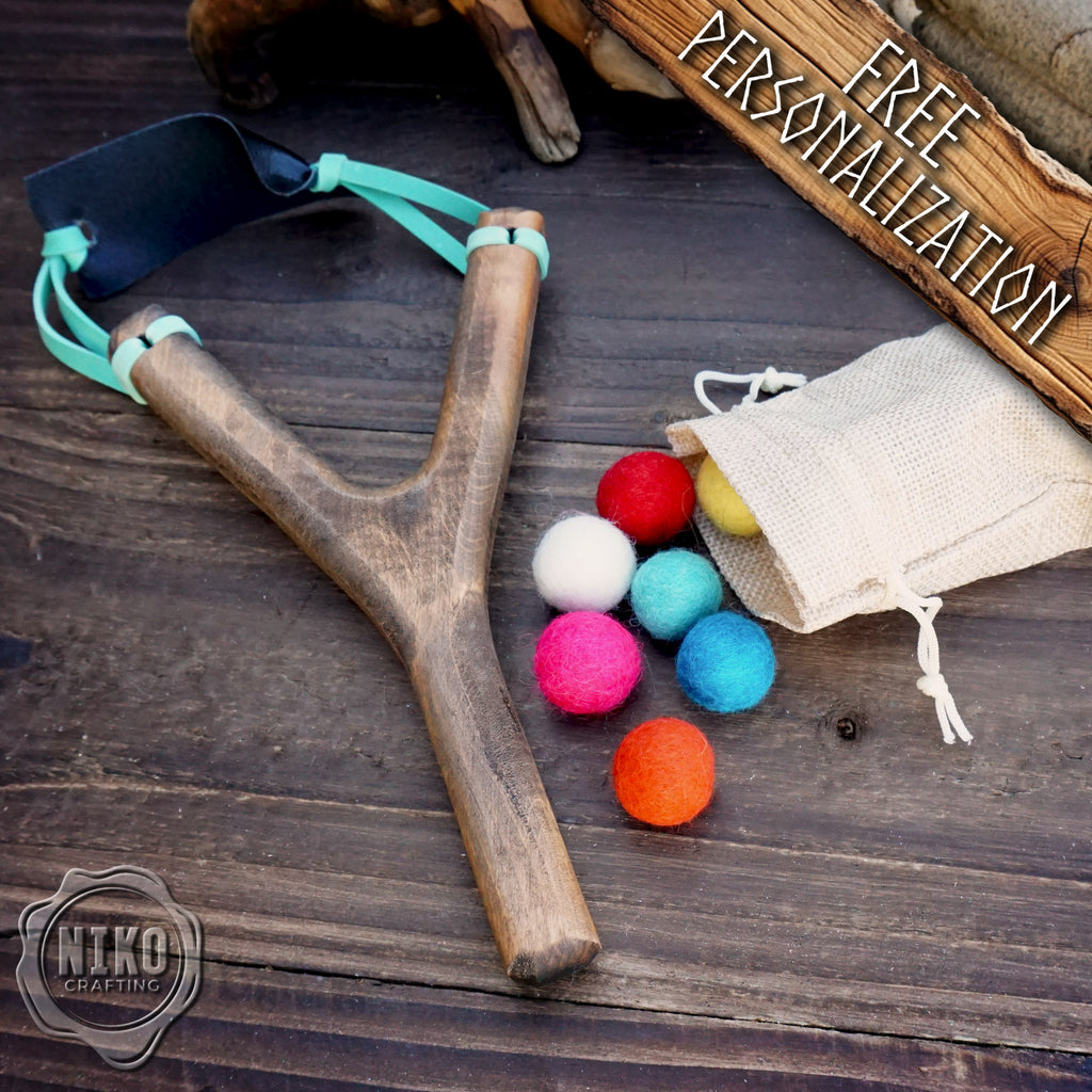 Slingshot and Felt Balls - Personalised, Handmade Catapult. Vintage Classic Toy
