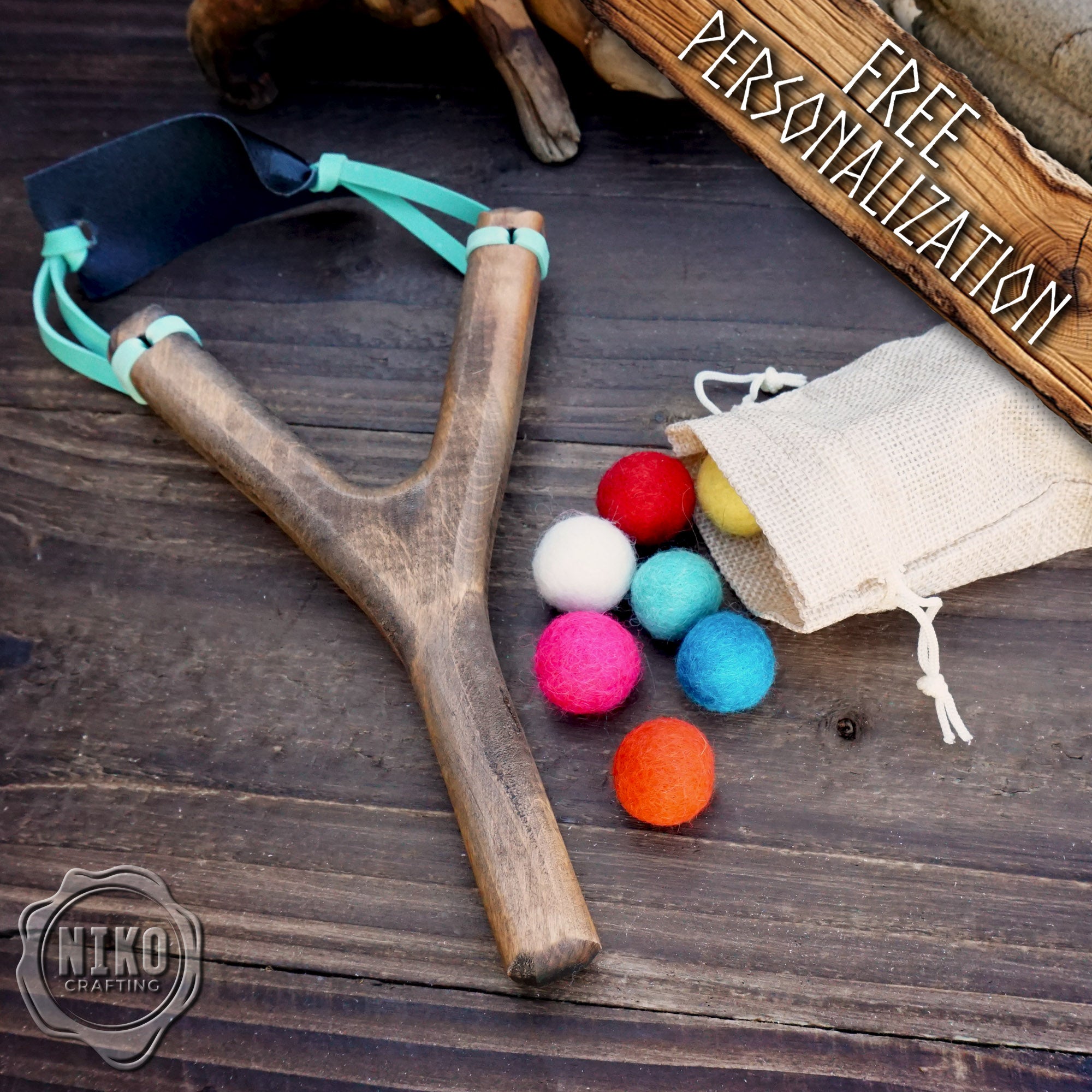 Slingshot and Felt Balls - Personalised, Handmade Catapult. Vintage Classic Toy