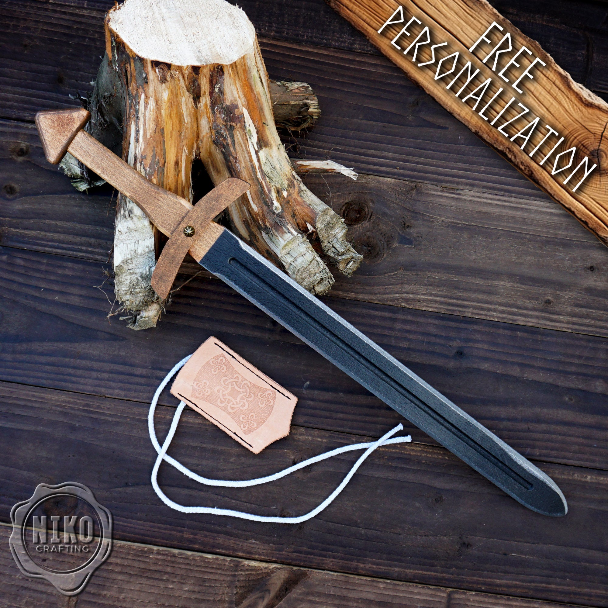 Wooden Viking Toy Sword with Leather Scabbard – Handmade, Personalised Toy - B