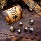 Metal Dice in Wooden Box - Hand-made pyrography: Skull - Personalized Dungeons and dragons Gift
