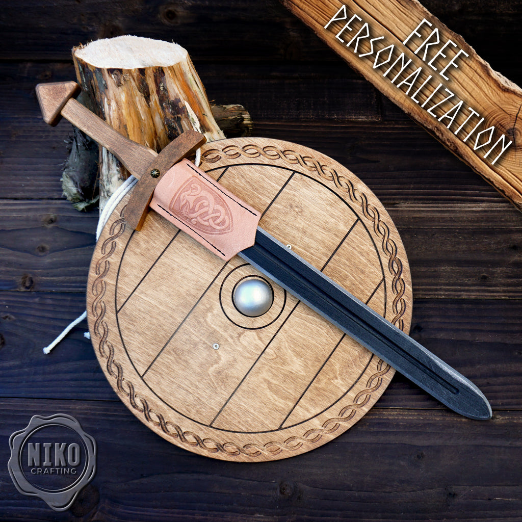 Wooden Toy Viking Sword and Round Shield Set: Handmade Personalised Gift - B