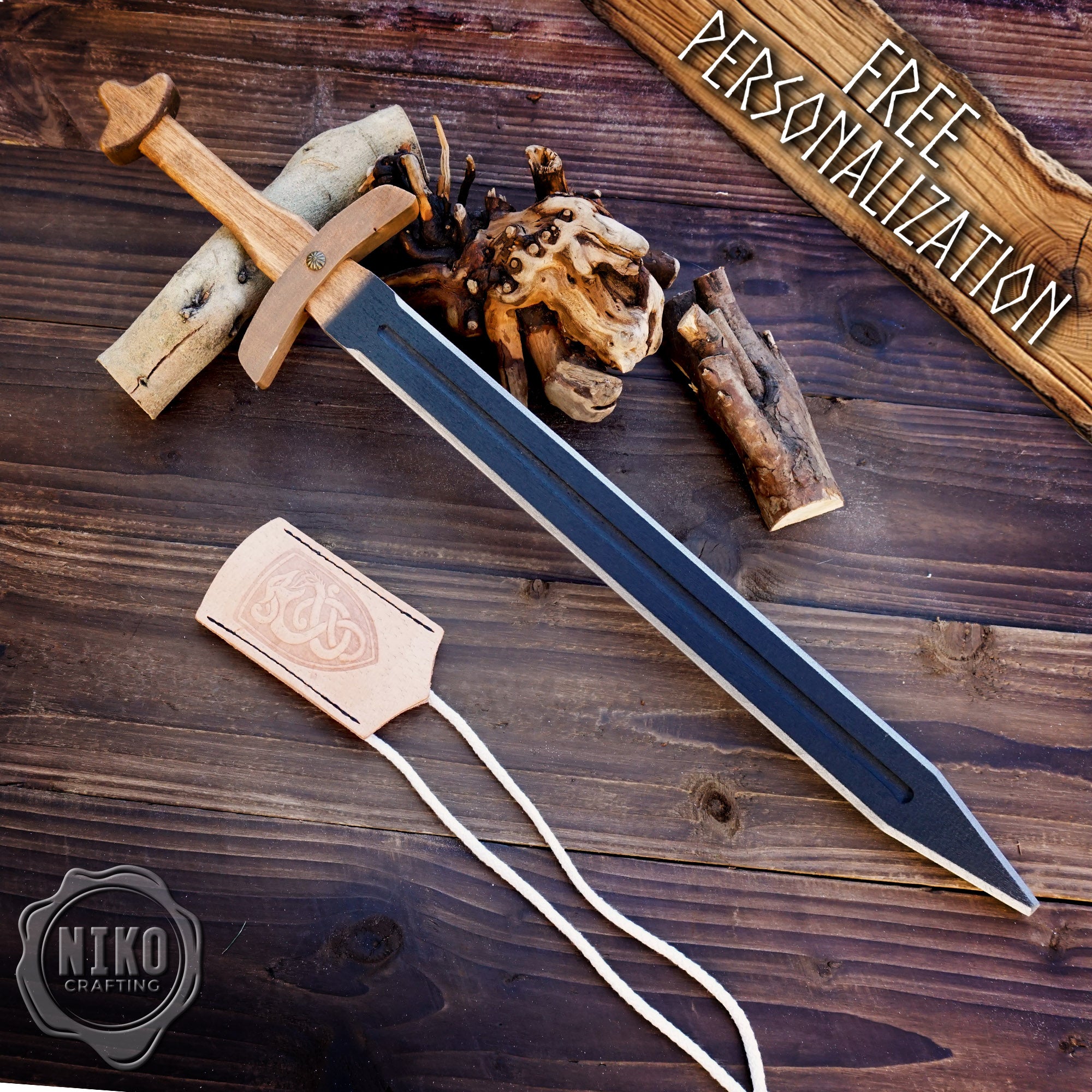 Wooden Viking Toy Sword with Leather Scabbard – Handmade, Personalised Toy - C
