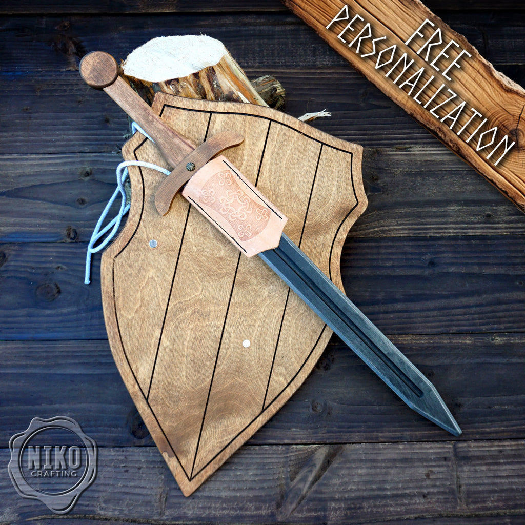 Wooden Toy Sword with Knight Shield and Scabbard - Personalised, handmade gift