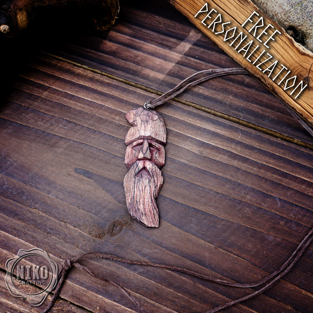 Hand-Carved Pendant - Norse Jewellery. Wooden Necklace on Leather Cord - Personalized whittling gift.