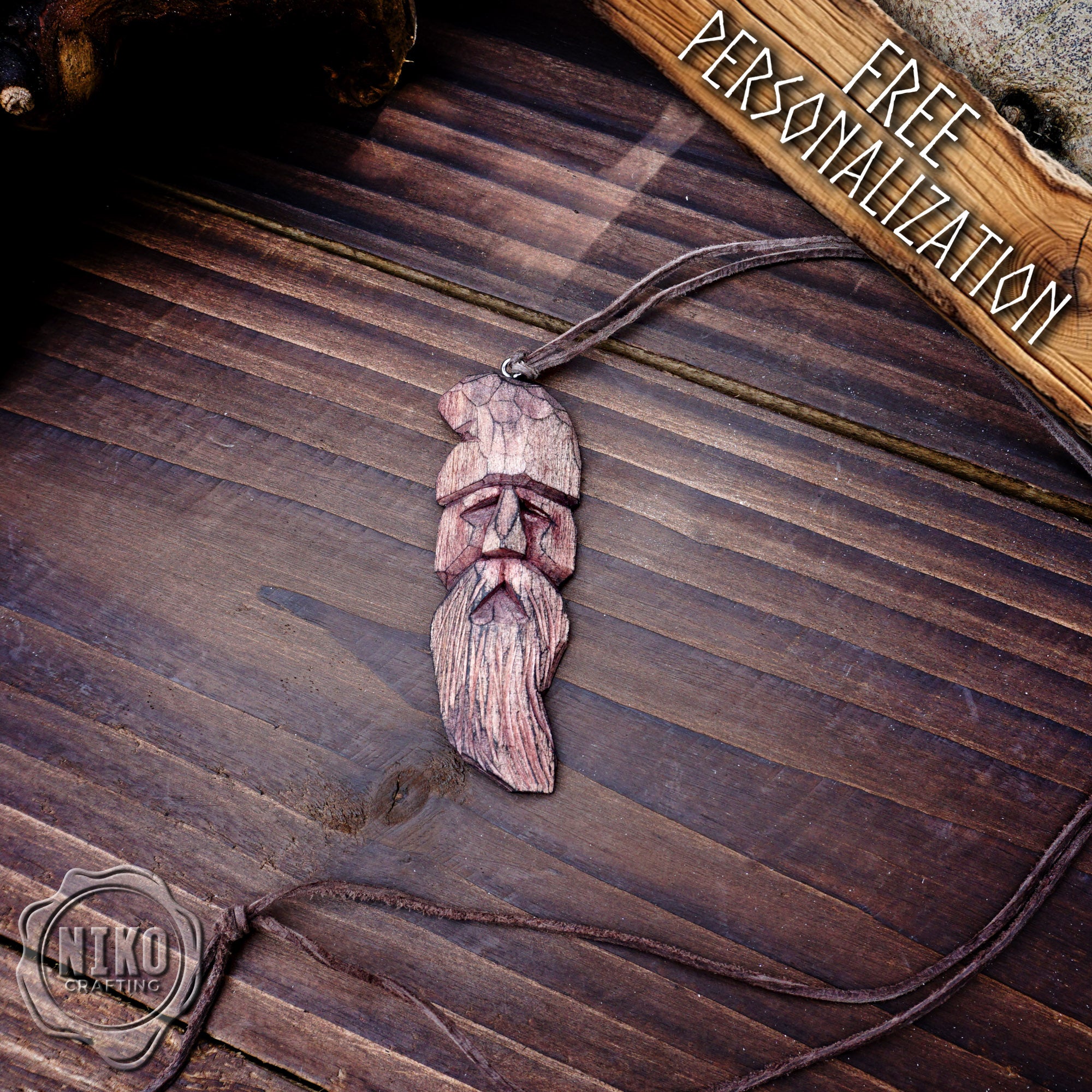 Hand-Carved Pendant - Norse Jewellery. Wooden Necklace on Leather Cord - Personalized whittling gift.
