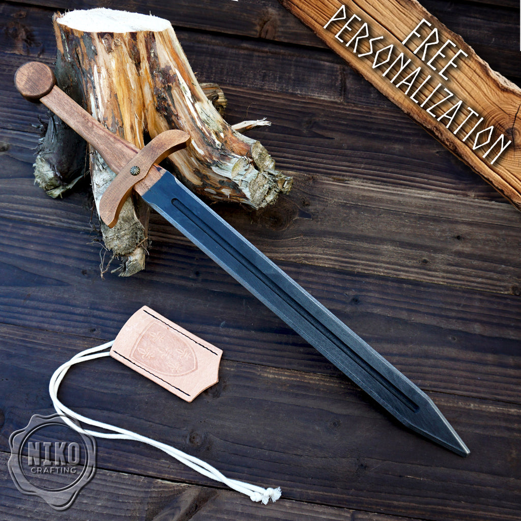 Wooden Medieval Toy Sword with Leather Scabbard – Personalised Handmade Toy