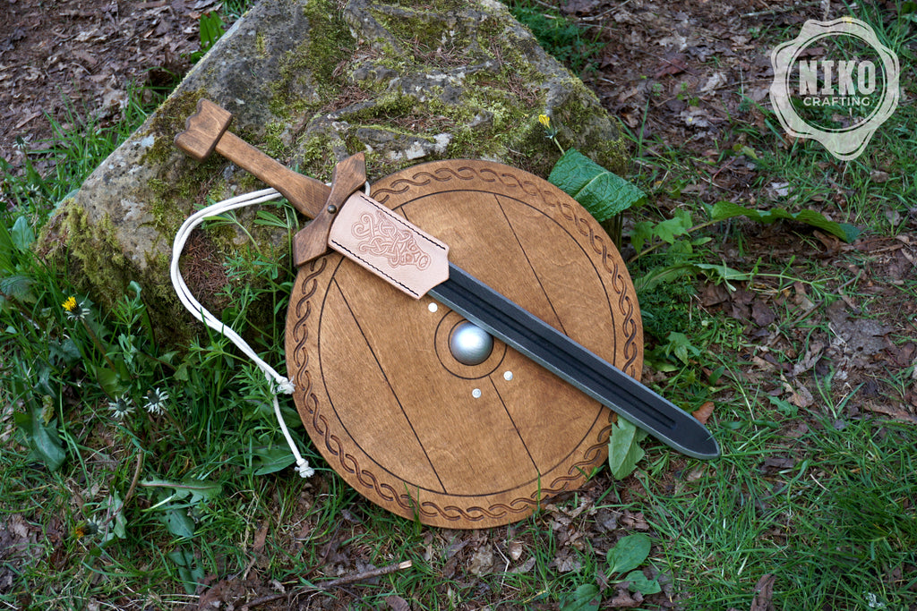 Wooden Toy Viking Sword and Round Shield Set: Handmade Personalised Gift - A