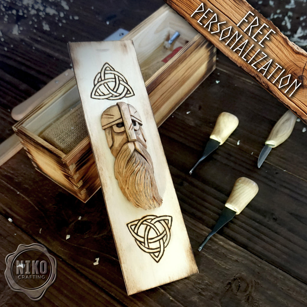 Handmade Wooden Wine Box - Carved Viking Warrior on Sliding Lid. Personalized Gift - Chest with Rope Handle & Pyrography