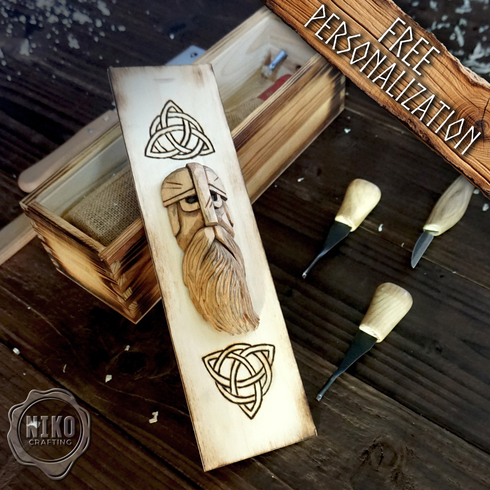 Handmade Wooden Wine Box - Carved Viking Warrior on Sliding Lid. Personalized Gift - Chest with Rope Handle & Pyrography