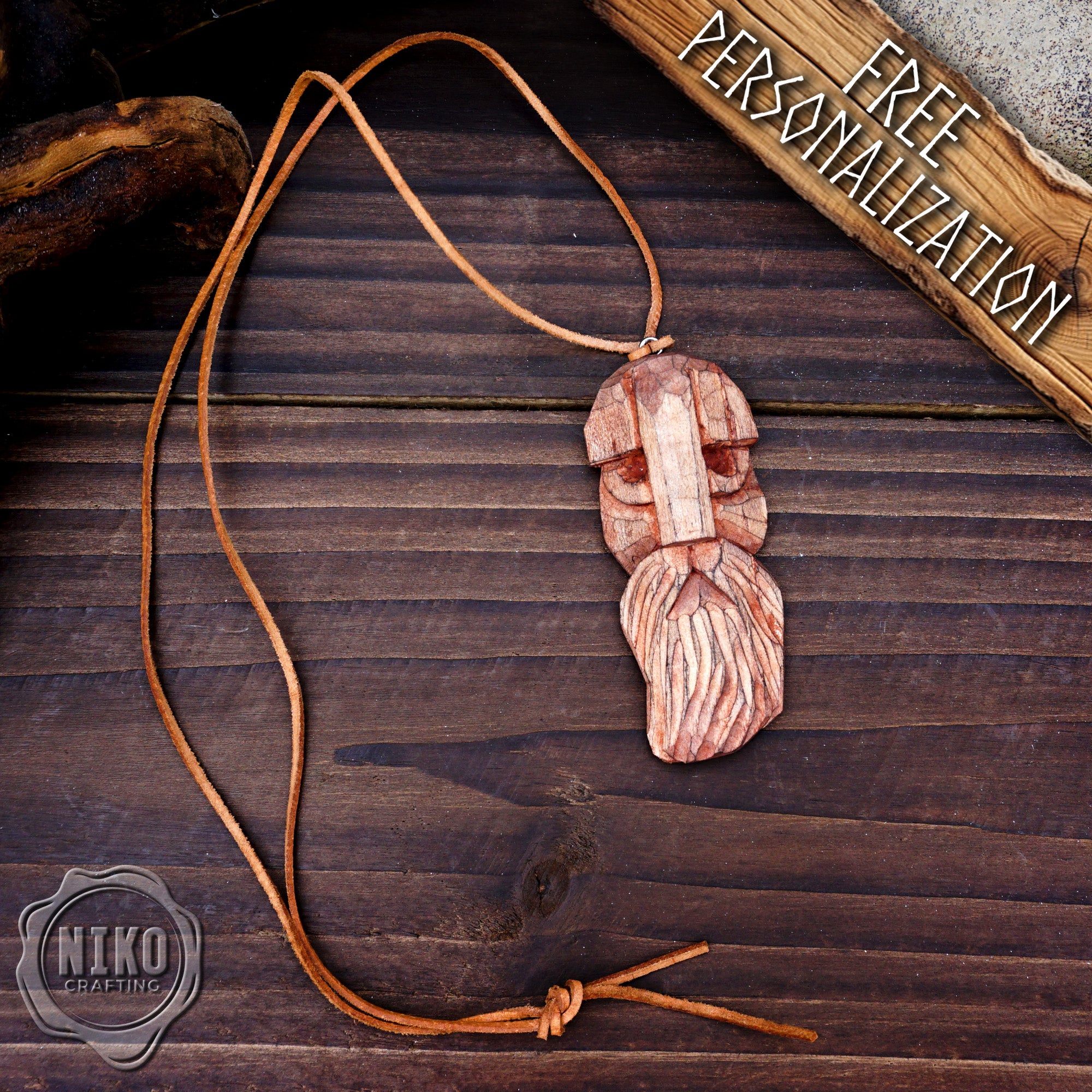 Hand-Carved Viking Pendant - Norse Jewellery. Wooden Necklace on Leather Cord - Personalized whittling gift.