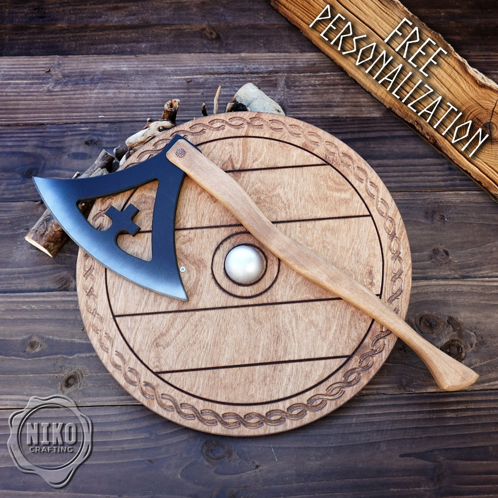 Wooden Viking Axe and Round Shield - Gotland - Handmade Personalised Toy