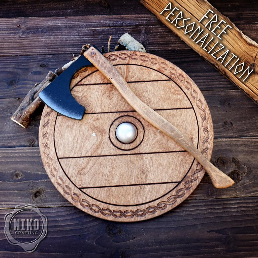 Wooden Viking Axe and Round Shield - Handmade Personalised Toy