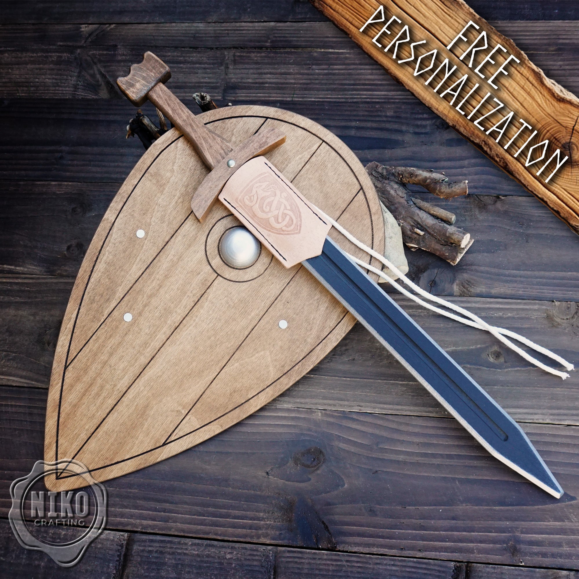Wooden Viking Sword and Almond Shield - Handmade Personalised Toy - A