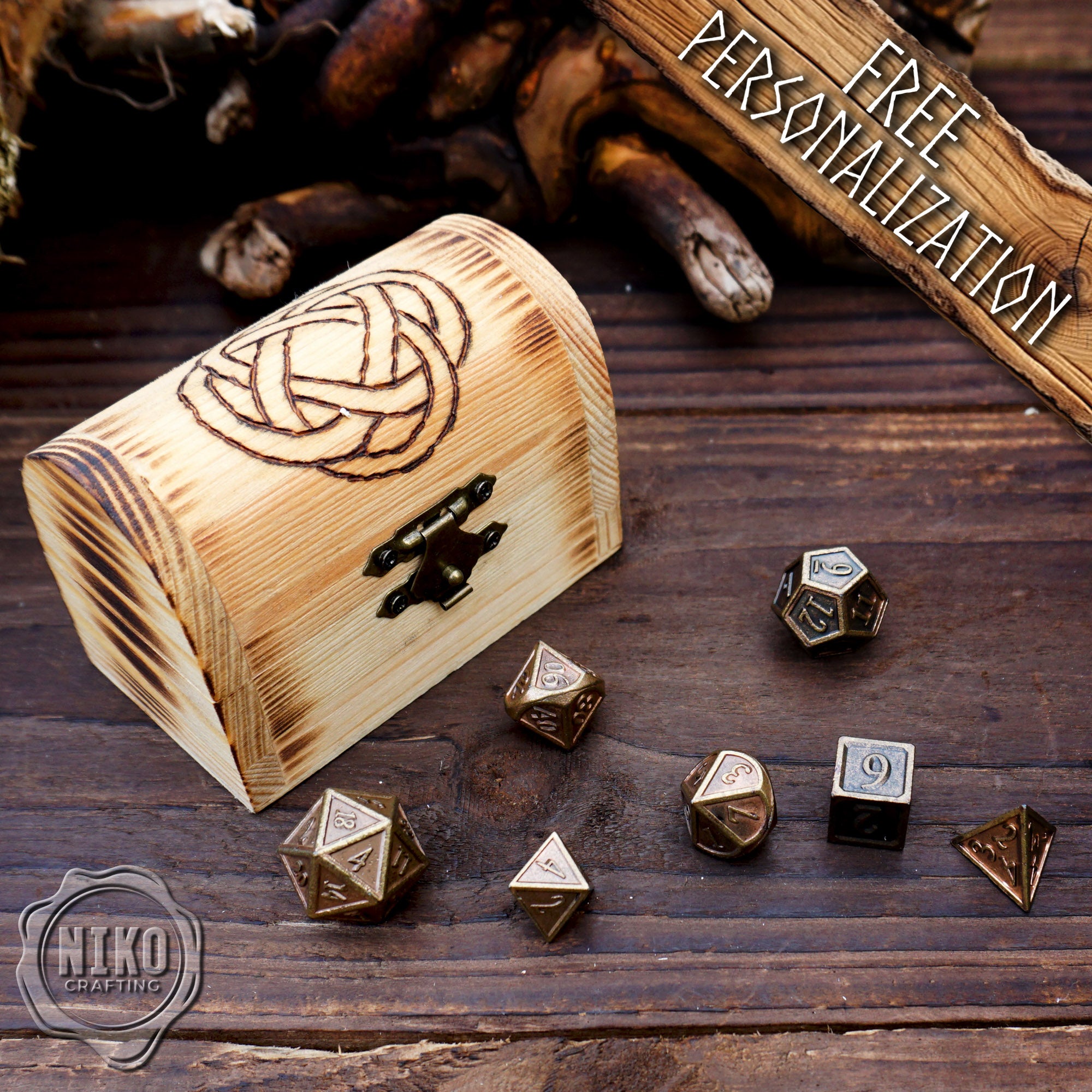 Metal Dice in Wooden Box - Pyrography: Viking Knot - Hand-made, Personalized Dungeons and dragons Gift