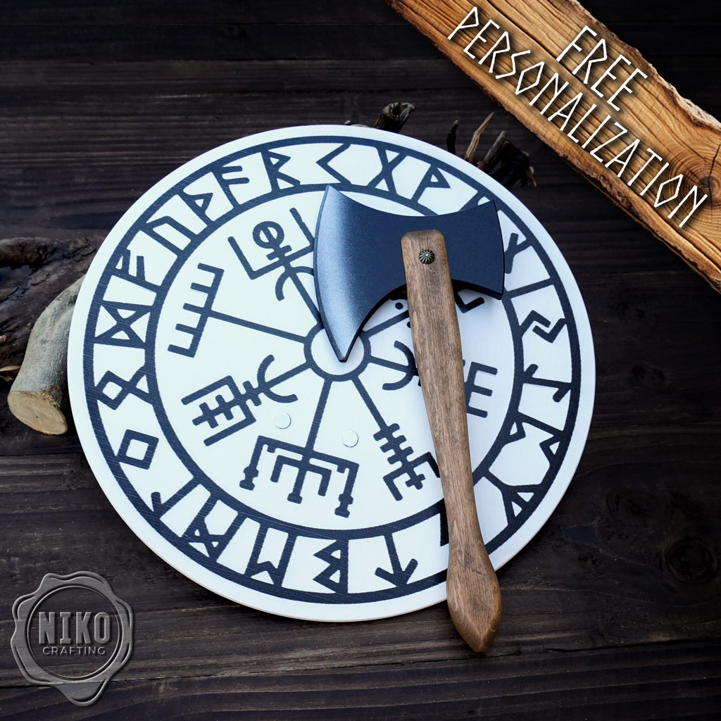 Wooden Small Toy Axe and Vegvisir Shield - Handmade, Personalised gift