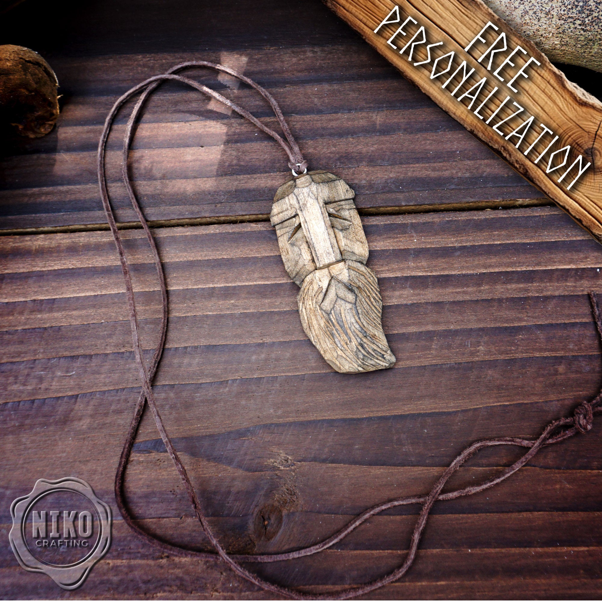 Hand-Carved Viking Pendant - Norse Jewellery. Wooden Necklace on Leather Cord - Personalized whittling gift.