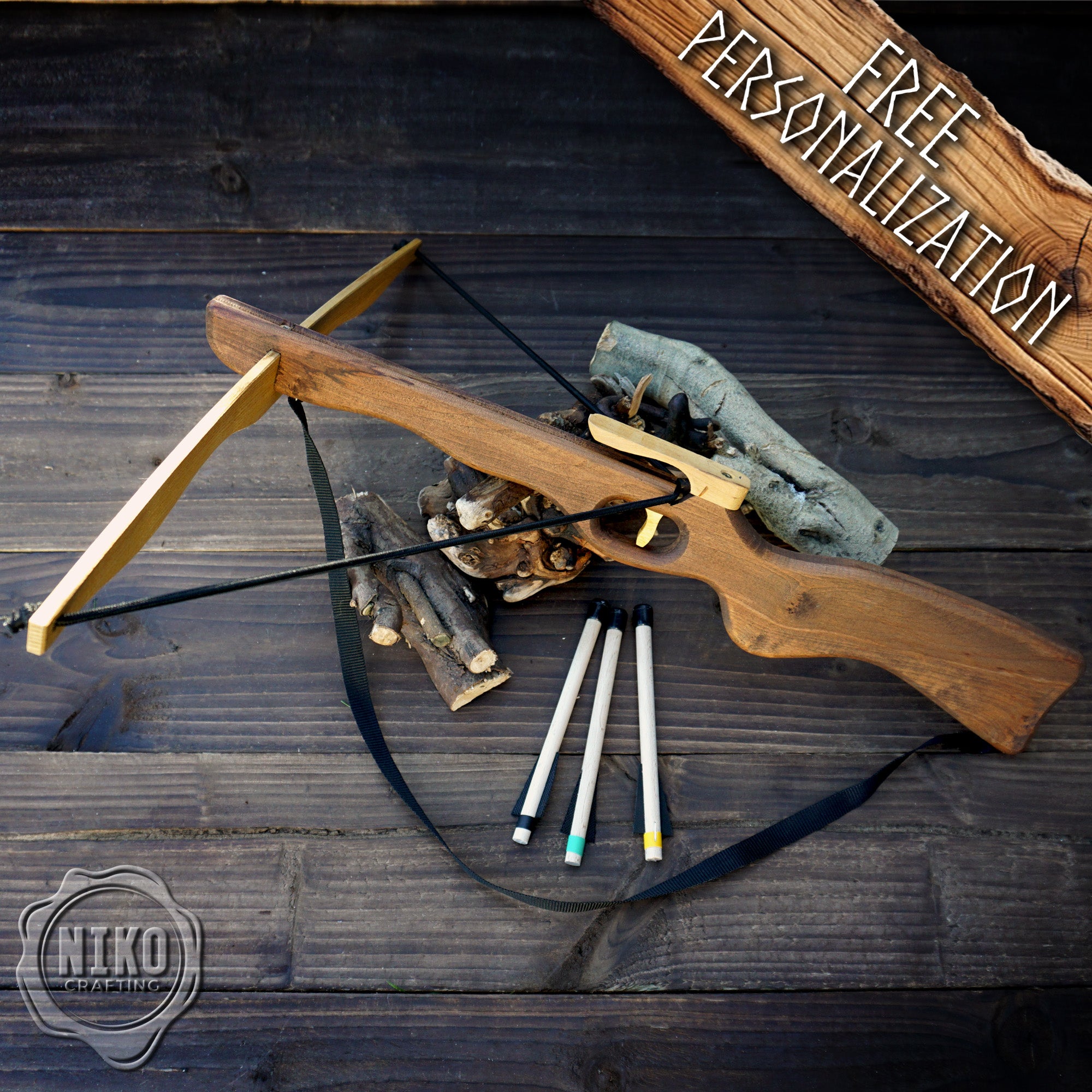 Large Wooden Crossbow and 3 Arrows: Handmade, Personalised Gift