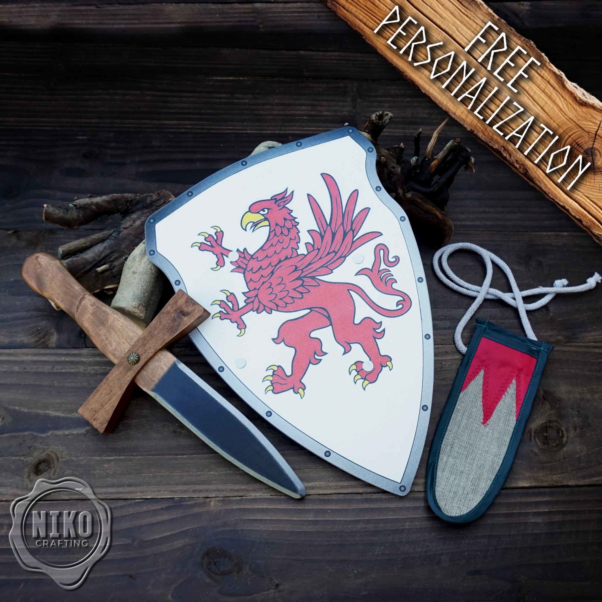 Wooden Small Toy Sword and Gryffin Shield - Handmade, Personalised gift