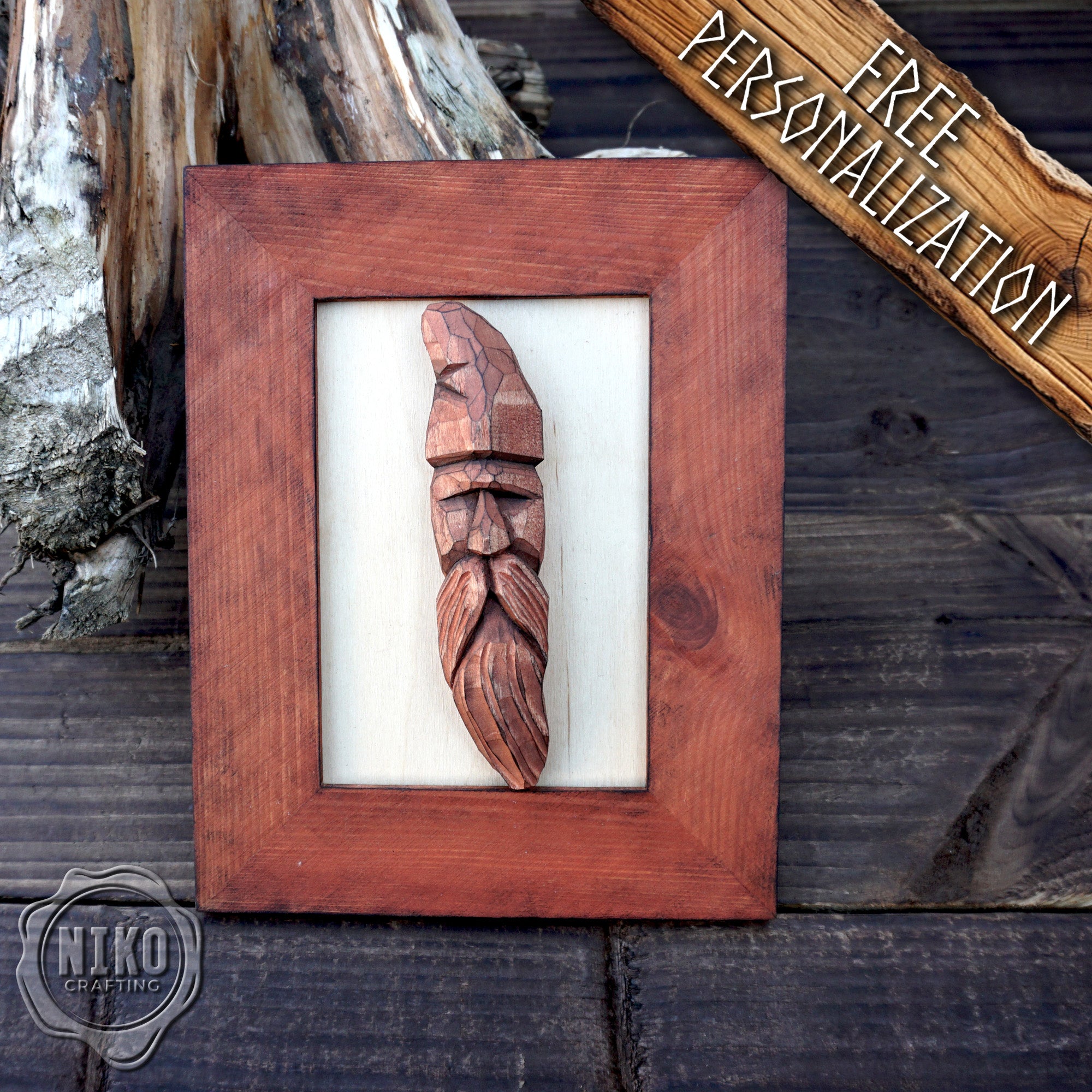 Hand Carved Viking in Frame - Personalized Rustic Home Decoration – Handmade Wal Art - Red/Brown