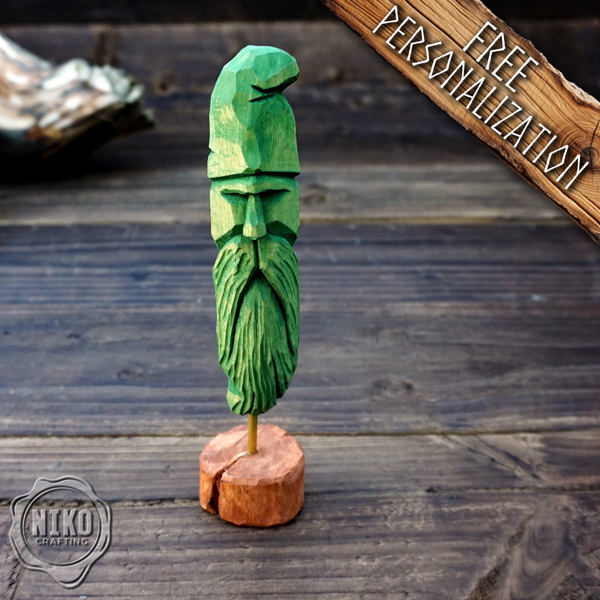 Hand-Carved Bearded Viking- Whittled Standing Figurine. Personalised Green Viking in Hat